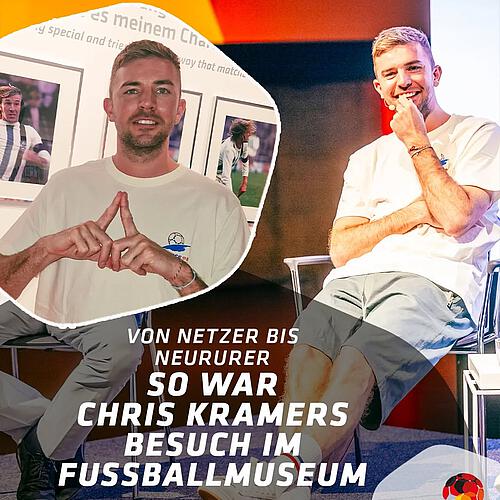 Photo shared by Deutsches Fußballmuseum on May 05, 2025 tagging @chrikra23, and @kiwi_verlag. Pode ser uma imagem de 2 pessoas, pessoas jogando futebol americano, pôster, revista e texto que diz "e5 meinem Cha y special and trie way thot match NETZER BIS NEURURER SO WAR CHRIS KRAMERS BESUCH IM FUSSBALLMUSEUM DEUTSCHES FUSSBALL MUSEUM".